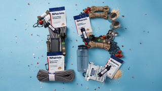 The number 18 formed from 4Patriots survival products including food pouches, water filters, a flashlight and gear, for the 4Patriots 18-year anniversary emergency preparedness sale