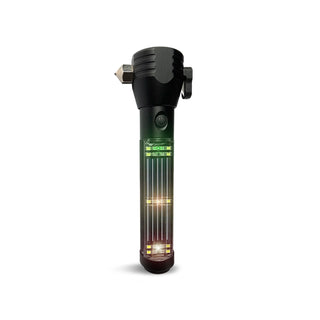 HaloXT Tactical 9-in-1 Solar Flashlight single unit on white, LEDs lit with glass-breaker tip and belt clip, a solar-rechargeable emergency survival multi-tool