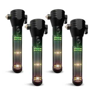 HaloXT Tactical 9-in-1 Solar Flashlight 4-pack set of solar-rechargeable emergency lights with glass breakers, ideal survival multi-tool bundle for car and home preparedness
