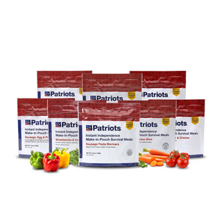 Eight 4Patriots Instant Independence survival meal pouches, including Sausage Pasta Marinara, with peppers, carrots and tomatoes.