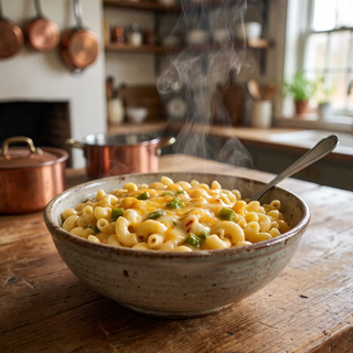 Steaming bowl of macaroni and cheese with green chili pieces on a rustic wooden table, copper pots in the background