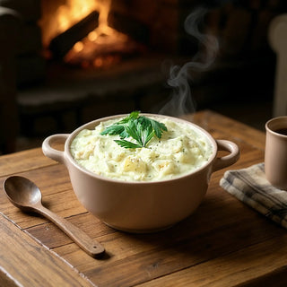 Steaming bowl of creamy stew topped with a parsley sprig on a wooden table, with a wooden spoon and a fireplace behind