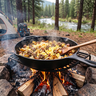Cast iron skillet of sausage, egg and potato scramble cooking over a campfire beside a tent, backpack and river