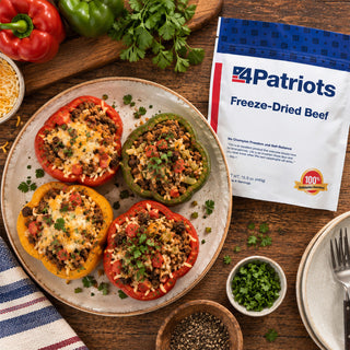 Freeze-Dried Ground Beef Pouch overhead with a platter of beef and rice stuffed bell peppers, fresh peppers and chopped parsley, easy survival meals