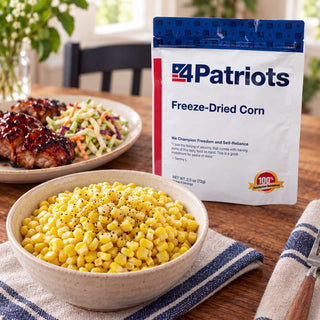 Freeze-Dried Corn Pouch behind a bowl of peppered sweet corn kernels with glazed barbecue ribs and slaw on a blue striped napkin, survival food side dish