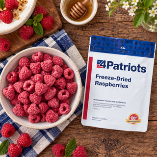 Freeze-Dried Raspberries Pouch flat-lay beside a bowl of crisp freeze-dried raspberries on a blue gingham cloth with honey and fresh mint, emergency food