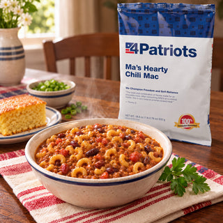 Ma's Hearty Cheesy Chili Mac Pouch standing by a speckled bowl of elbow pasta chili with kidney beans, a cornbread slice and green onions, emergency food