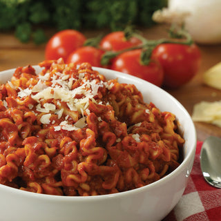 Nonna's Best Lasagna-Style Marinara Pouch prepared as ruffled pasta in rich marinara sauce topped with parmesan, hearty survival meals