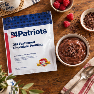 Old-Fashioned Chocolate Pudding Pouch flatlay with a bowl of pudding topped with chocolate shavings, fresh raspberries and a silver spoon, emergency food treat