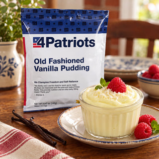 Old-Fashioned Vanilla Pudding Pouch beside a glass ramekin of vanilla pudding with coconut, a raspberry and mint, plus vanilla beans, emergency food treat