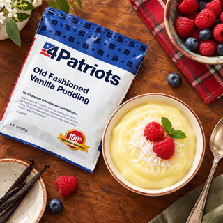Old-Fashioned Vanilla Pudding Pouch flatlay with a bowl of pudding topped with coconut and raspberries, fresh berries and vanilla pods, survival food dessert