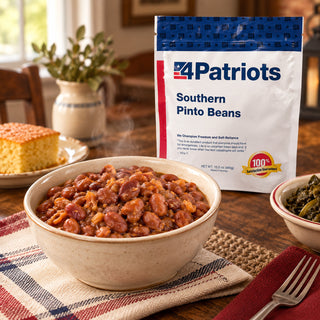 Southern Pinto Beans Pouch standing behind a bowl of seasoned pinto beans with cornbread and collard greens on a plaid cloth, hearty survival food