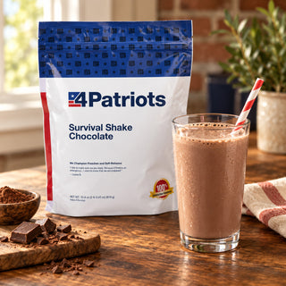Survival Chocolate Shake Pouch next to a tall glass of chocolate shake with a striped straw and chopped dark chocolate on a cutting board, emergency food supply