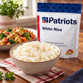 Long Grain White Rice Pouch behind a bowl of peppered steamed rice with a chicken and vegetable stir-fry on a kitchen table, emergency food staple