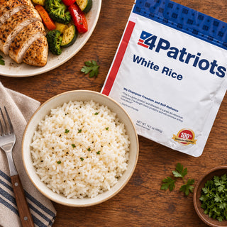 Long Grain White Rice Pouch flatlay with a bowl of parsley-flecked rice, sliced grilled chicken and roasted vegetables on wood, emergency food supply