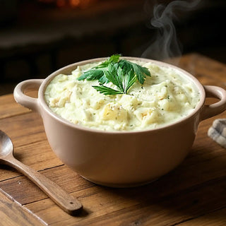 Loaded Chicken Stew Pouch prepared and served, a steaming bowl of creamy chicken and potato stew garnished with parsley by the fire, a hearty ready-to-eat survival meal for emergency preparedness