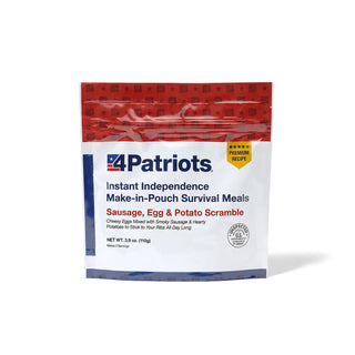 4Patriots Sausage, Egg & Potato Scramble survival meal pouch with red top, white front and blue stripe, net weight 3.9 oz