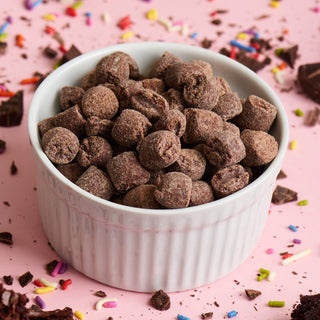 Freeze-Dried Brownie Bites Pouch shown as cocoa-dusted chocolate cubes in a white ramekin with sprinkles, a sweet survival food snack