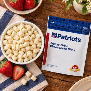 Overhead of Freeze-Dried Cheesecake Bites Pouch beside a bowl of cheesecake cubes, halved strawberries and a striped towel on wood, a dessert emergency food