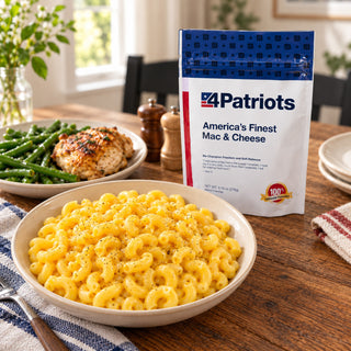 America's Finest Mac & Cheese Pouch on a dining table behind a bowl of cheesy macaroni, with chicken and green beans in back, emergency food