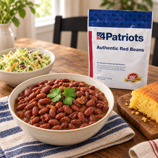 Authentic Red Beans Pouch standing behind a bowl of red beans topped with cilantro, with coleslaw and cornbread on a wooden table, hearty survival food