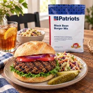 Black Bean Burger Mix Pouch behind a plated black bean burger with tomato, red onion and lettuce, pickle spears, slaw and iced tea on a sunlit table, emergency food