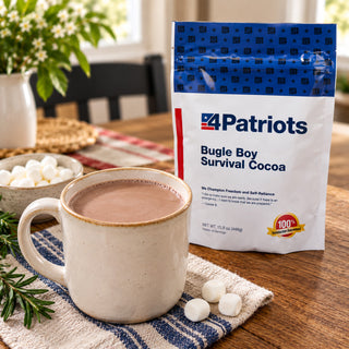 4Patriots Bugle Boy Survival Cocoa Pouch behind a stoneware mug of hot chocolate with mini marshmallows and rosemary sprigs, emergency food supply