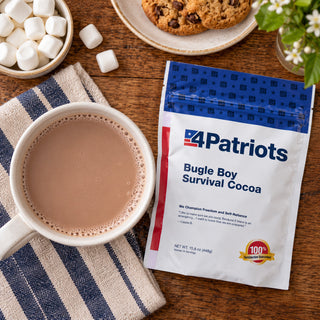 4Patriots Bugle Boy Survival Cocoa Pouch overhead with a white mug of hot cocoa, a bowl of marshmallows and chocolate chip cookies, survival food