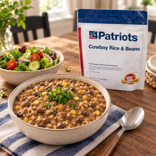 Cowboy Rice & Beans Pouch standing behind a bowl of rice, black beans and corn topped with parsley, with a side salad and spoon on a dining table, survival meals