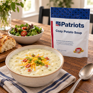 Cozy Potato Soup Pouch on a farmhouse table behind a creamy bowl of potato soup topped with cheddar and scallions, with crusty bread and salad, survival meals
