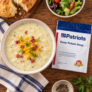 Cozy Potato Soup Pouch flat-lay beside a bowl of loaded potato soup with cheddar, bacon and green onions, plus bread and a side salad, emergency food