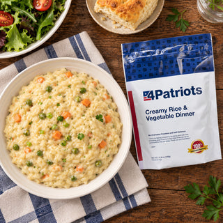 Overhead of Creamy Rice & Vegetable Dinner Pouch beside a bowl of creamy rice with peas and carrots, a green salad and a biscuit on a striped towel, emergency food