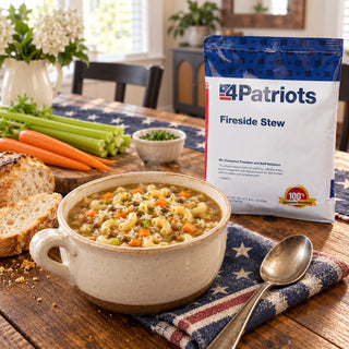 Fireside Stew Pouch beside a handled crock of macaroni and lentil stew on a stars-and-stripes runner with bread, carrots, celery and a spoon, survival meals