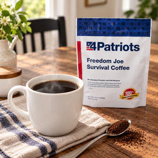 Freedom Joe Survival Coffee Pouch behind a steaming white mug of black coffee and a spoonful of coffee grounds on a striped towel, emergency food supply staple