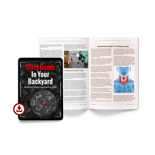 IOSAT Potassium Iodide Tablets bundled with Dirty Bomb in Your Backyard digital download — tablet displaying guide cover subtitled 'America's Hidden Radioactive Crisis,' alongside open book showing chapters on radioactive iodine vs. potassium iodide