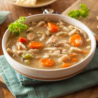 Gold Medallion All-Meat Emergency Survival Kit freeze-dried chicken simmered into a hearty chicken noodle soup with carrots, a warm meal from long-term emergency food storage