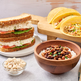 Chicken salad sandwiches, beans over rice and beef tacos made from the Meat & Protein Deluxe Emergency Survival Food Kit with freeze-dried chicken