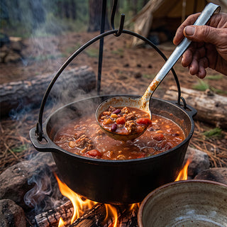 Ladle lifting beef and bean chili from a dutch oven over a campfire, a Meat & Protein Deluxe Emergency Survival Food Kit meal cooked outdoors