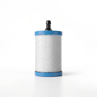Patriot Pure Nanomesh Filter cartridge shown alone with blue end caps and pleated white media, a survival water filter for emergency water purification