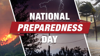 National Preparedness Day graphic banner over a collage of a wildfire, a lightning storm and a hurricane flooding a home, promoting disaster preparedness and emergency readiness