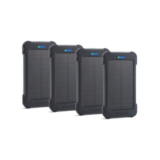 Patriot Power Cell-CX Portable Solar Power Bank shown as a 4-pack of rugged solar chargers, ideal off-grid and emergency backup power for the whole family