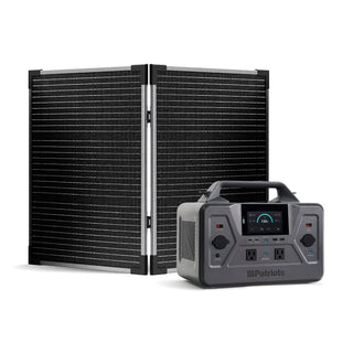 Patriot Power Generator 1200 with its foldable 100W solar panel, a portable solar generator kit for off-grid and emergency backup power