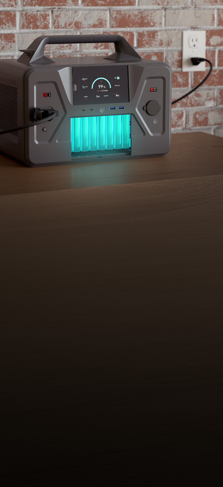 Translation missing: en.Patriot Power Generator 1200 recharging from a wall outlet against a brick wall, internal battery cells glowing, portable solar generator and power station