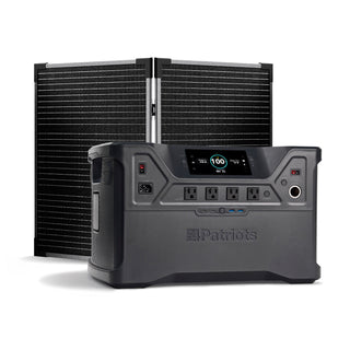 Patriot Power Solar Generator 2500X portable solar power station shown with a 100W folding solar panel, a fully charged off-grid emergency backup power kit with AC, USB and DC ports
