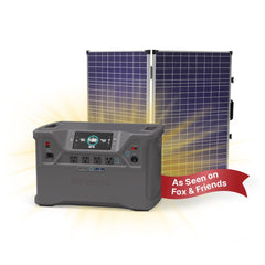 Portable solar generator with a digital display, multiple outlets, and a foldable solar panel. The generator is charging and has a battery level of 100%. The image includes the text 