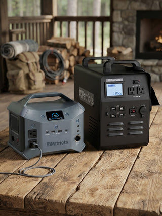 Patriot Power Generator 1800 + Sidekick Kit on a cabin porch table, 1800 station and Sidekick PPS3 with backpack and firewood, portable solar generators for off-grid backup power