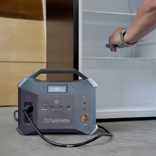 Patriot Power Generator 1800 + Sidekick Kit: Sidekick portable power station runs a mini fridge as a hand grabs a drink, off-grid emergency backup power for food storage