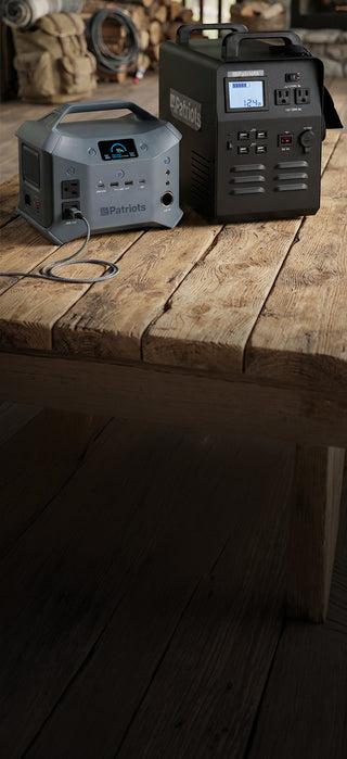 Patriot Power Generator 1800 + Sidekick Kit on a rustic wood table with backpack and firewood, 1800 and PPS3 Sidekick portable solar generators for off-grid emergency power