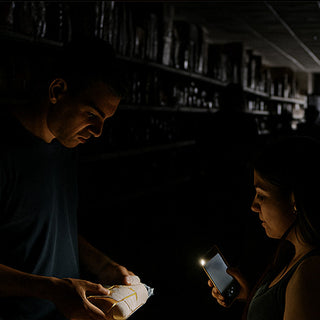 Patriot Power Generator 1800 + Sidekick Kit for blackout readiness — a couple checks their pantry by flashlight during an outage, off-grid backup power keeps essentials running