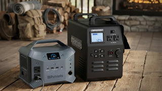 Two Patriot Power Solar Generators on a wood cabin floor by a fireplace, a gray Patriot Power Generator 1200 and a larger black 1800 model, off-grid emergency backup power and portable solar